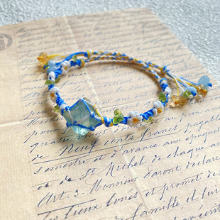 macrame手工编绳森系手串绿色萤石自然石水晶编织花朵原石手链女