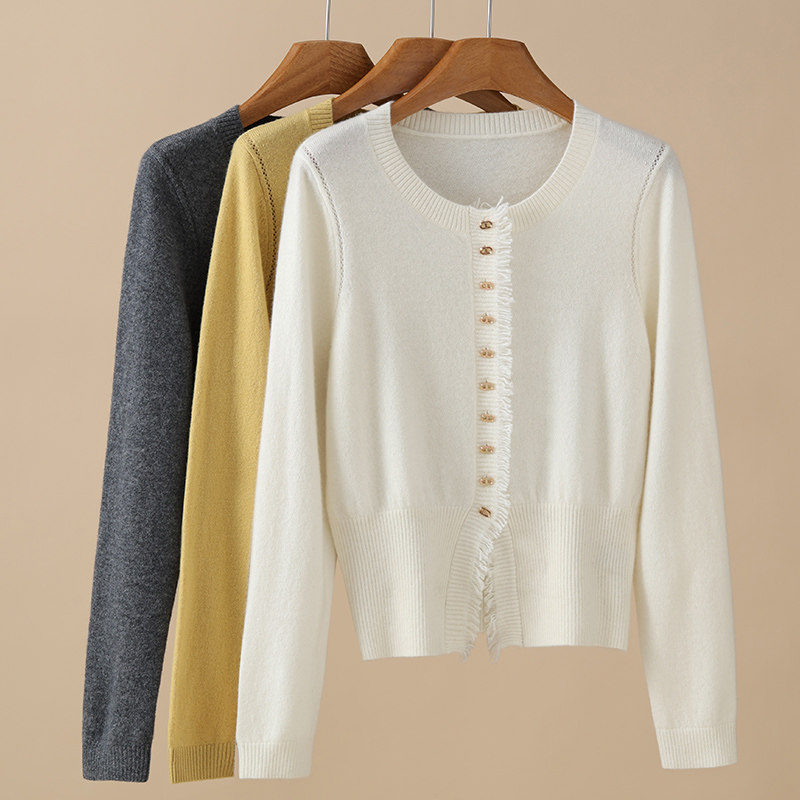 100%纯山羊绒针织圆领开衫女小香风毛边外套上衣百搭羊绒衫打底衫,女装/女士精品,羊绒衫,淘宝优惠券,粉丝福利购,淘宝优惠卷