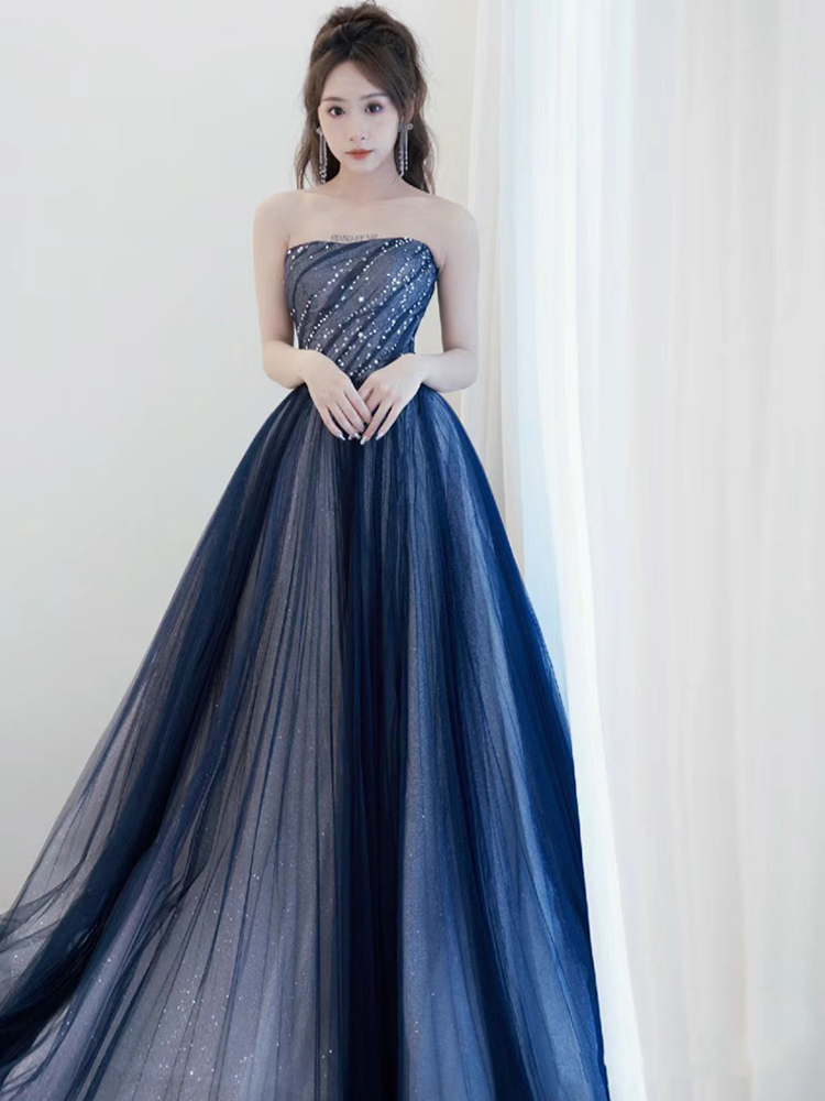 Blue bra top, fashionable elegant evening dress, starry sky for bride, tutu skirt