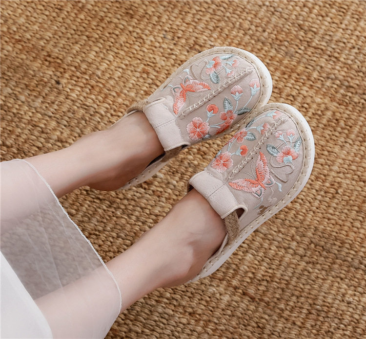 防水台包头民族风天蓝色布拖鞋中国风松糕底高跟妈妈绣花鞋女拖鞋