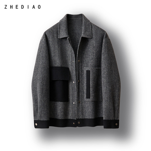 高级感灰双面呢80羊毛短款大衣男翻领加厚夹克呢子休闲外套