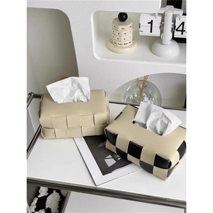 皮革棋盘格编织纸巾盒客厅餐厅抽纸盒厨房卫生间车载纸巾袋新