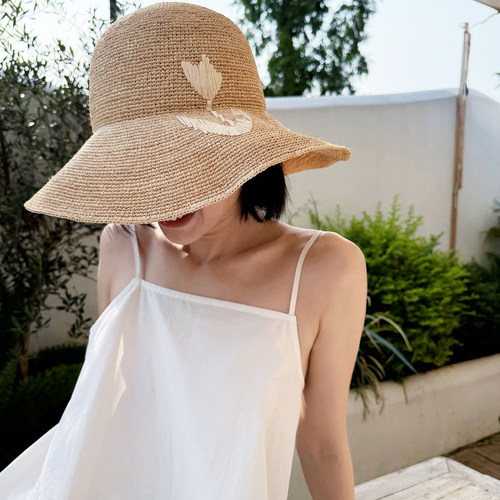 福笙 手工拉菲草编织草帽女夏季大檐防晒度假拍照可折叠遮阳帽