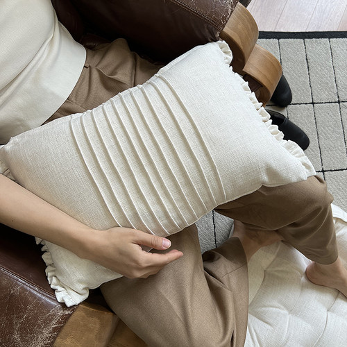 福笙亚麻立体荷叶边沙发靠垫腰枕