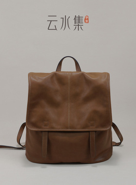 云水集真皮女包植鞣羊皮复古双肩包竖款上班通勤大容量休闲背包软