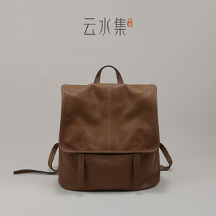 云水集真皮女包植鞣羊皮复古双肩包竖款上班通勤大容量休闲背包软