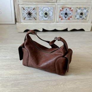 云水集真皮女包植鞣头层牛皮复古高级感单肩斜挎包hobo通勤包软皮