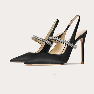 32-45码真皮裸色水钻一字带凉鞋女2024新款尖头后空职业高跟鞋女