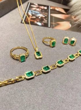 XBK925银镀金高碳钻培育项链 祖母绿方形祖母绿日常套装