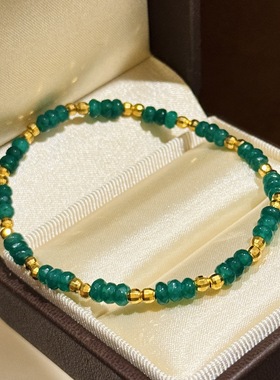 s925纯银 复古色翡翠绿算盘手串新中式小号圆珠显白望春