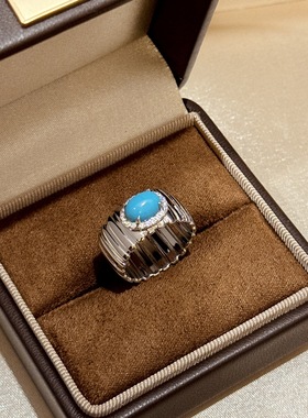 s925纯银 罗缎绿松石宽版条纹戒指感围镶复古蓝松精致意大利