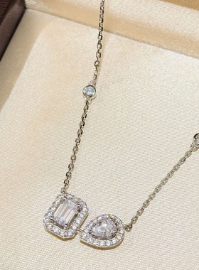 设计师S925纯银 方钻水滴钻双钻项链twim系列爆闪轻奢点钻简约