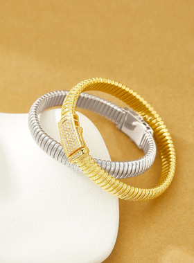 设计师意大利 S925银8m闪砂空心管闪锆欧美ins风插扣手镯