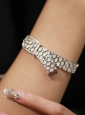 设计师S925纯银满钻软骨皮带人鱼表带扣手链女波光粼粼镶钻鱼鳞