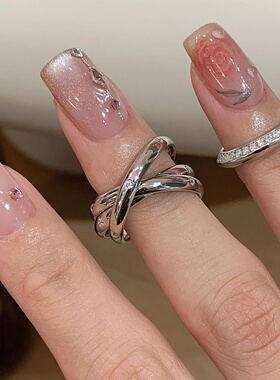 轻奢s925纯银中古风多层缠绕三环戒指感简约叠戴镶钻食指戒送礼物