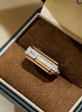 设计师s925纯银 老钱风双色拼色满钻方形戒指双拼梯方钻感