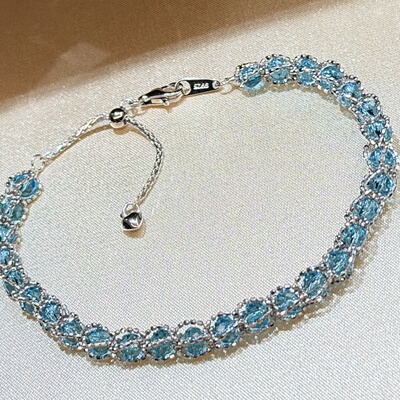S925纯银 意大利蓝水晶蕾丝手链拉伸可调节夏日甜美小清新
