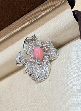轻奢s925纯银 海螺珠粉色蛋面满钻开口戒指感温柔轻奢花朵花瓣