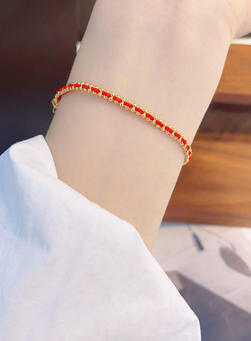 轻奢s925纯银双排圆珠红色手链女本命年小众设计感高级手工编织