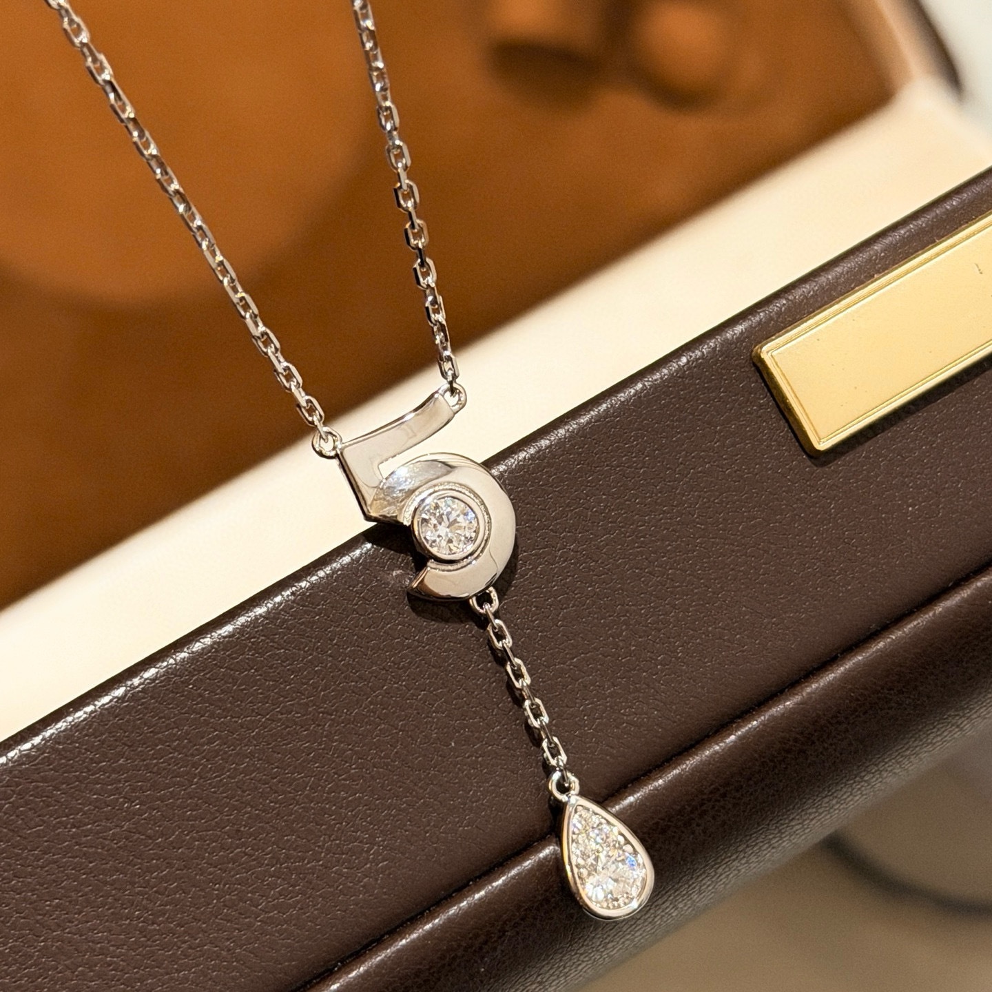 s925纯银数字5流苏水滴钻项链