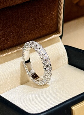 轻奢s925银爆闪三面钻戒指感满圈排钻食指戒小众轻奢指环