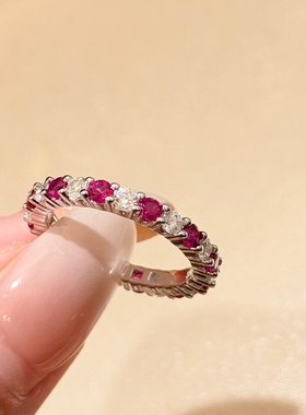 s925纯银仿彩宝玫红钻排钻满钻戒指女感轻奢百搭指环