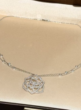 设计师s925纯银 镂空玫瑰花点钻双链条项链感大号花朵精致贵气