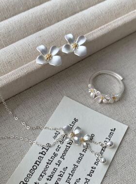 轻奢S925纯银栀子花戒指项链耳钉女款新中式简约复古小清新小红书