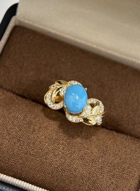 绿松石戒指复古树叶S925纯银 款法式中古设计藤蔓蓝松石