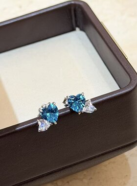 轻奢S925纯银 双色双钻双心耳钉轻奢甜美蓝钻白钻少女心心心相印