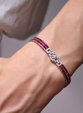 23.06ct培育红宝石手链公主方边精镶s925银了不起的盖茨比风格