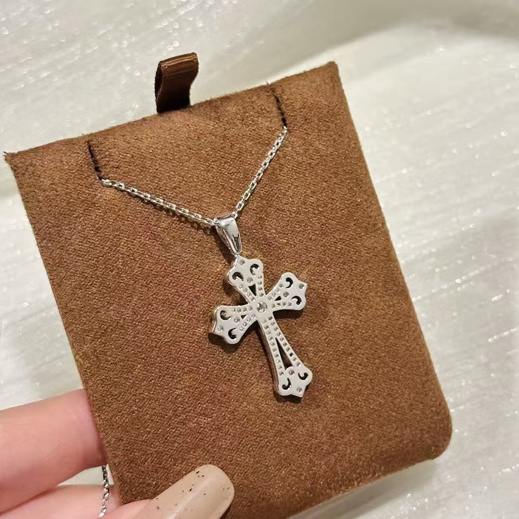 设计师s925纯银 十字架镂空项链宫廷风蕾丝钩花感爆闪精致轻奢