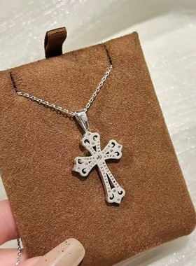 设计师s925纯银 十字架镂空项链宫廷风蕾丝钩花感爆闪精致轻奢