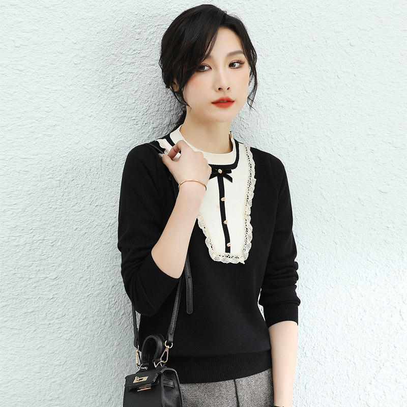 韩潮袭人时尚撞色蕾丝小香风内搭毛衣2022春新款打底衫针织衫