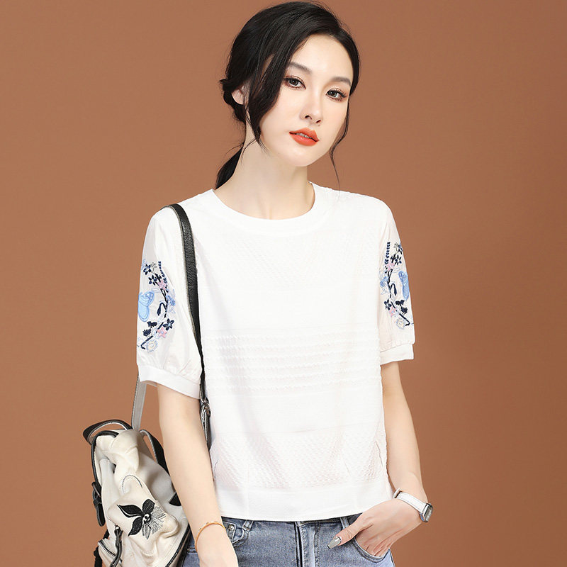 韩潮袭人圆领刺绣短袖白色蕾丝雪纺衫女2022夏季新款洋气小衫t恤