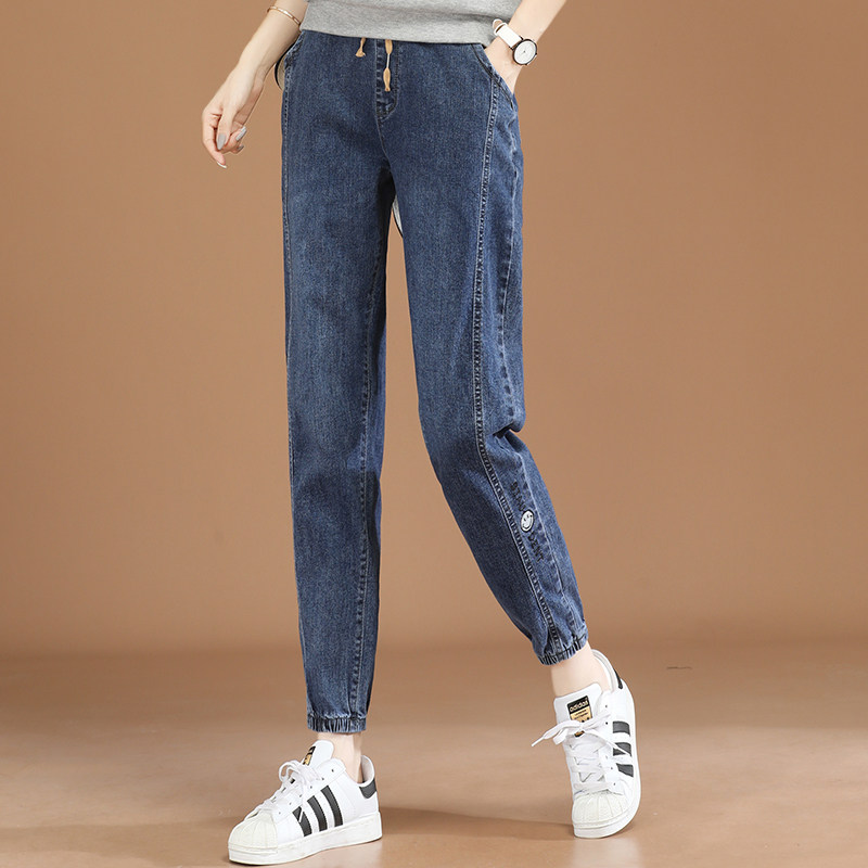 韩潮袭人松紧高腰刺绣牛仔裤女春秋2022年新款宽松束脚哈伦长裤子