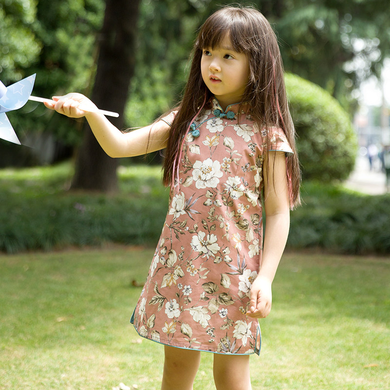 雅童小铺 童装女童全棉旗袍桔粉底玉兰2022夏季新唐装儿童连衣裙