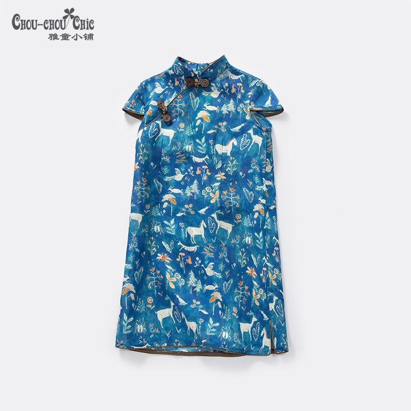 雅童小铺童装女童旗袍蓝色动物苎麻2022夏新品中国风儿童裙子