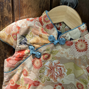 童装 旗袍冬季 连衣裙 杏色和风仙鹤牡丹图女童夹棉短袖 雅童小铺