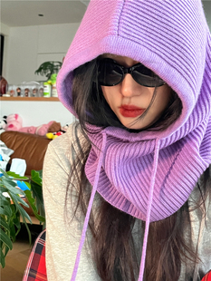 不定义/ 巴拉克法拉细绳帽子女秋冬针织围脖一体式护耳保暖套头帽