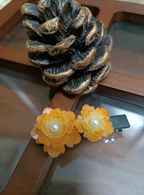 加萌店原创热缩橘黄桔黄色花朵发夹边夹对夹纯手工制作女发饰儿童