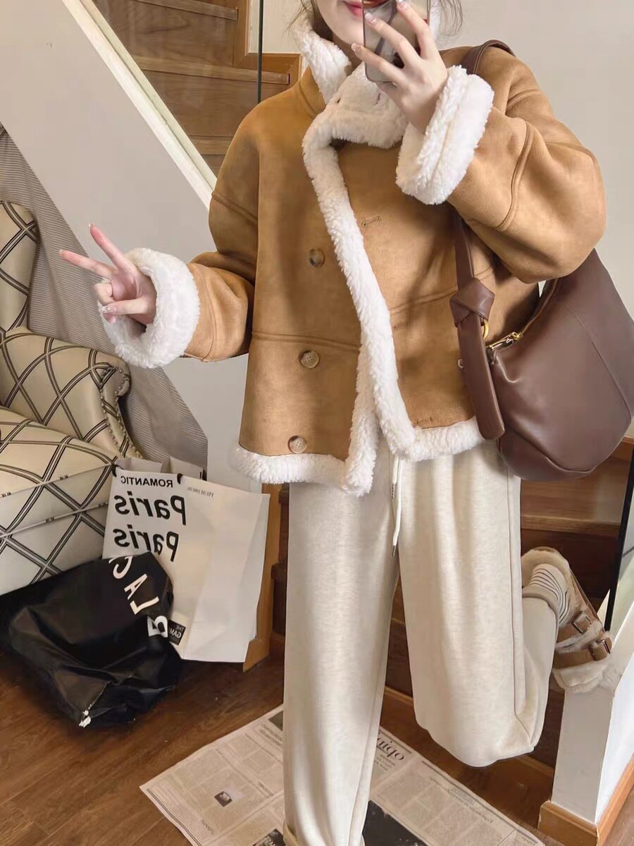 羊剪绒大衣女机车服皮草皮毛一体