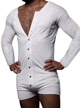 Mens long sleeved bodysuit欧美男装纯色性感开衫短裤紧身连体衣