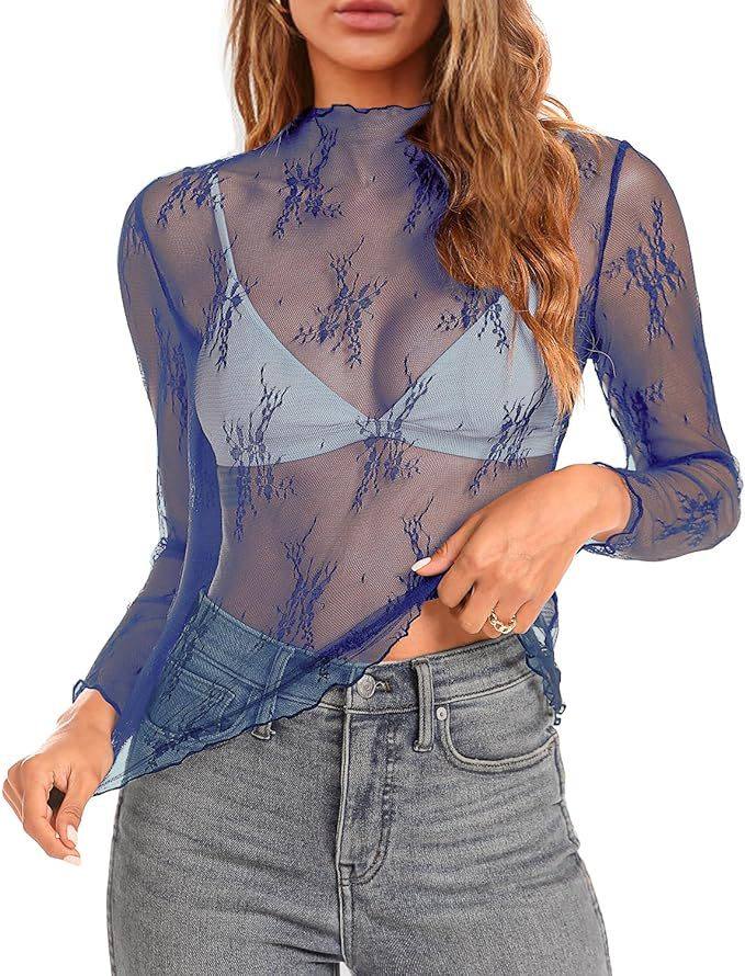 网眼长袖花卉刺绣透视打底T恤衬衫蕾丝女Women's lace T-shirt
