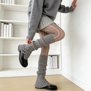 袜套分叉灰色堆堆袜套jk奶白色秋冬保暖腿套女中筒黑色针织竖条开