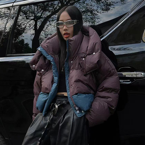 欧货拼色面包服2023冬季新款保暖白鸭绒加厚连帽立领羽绒服外套女