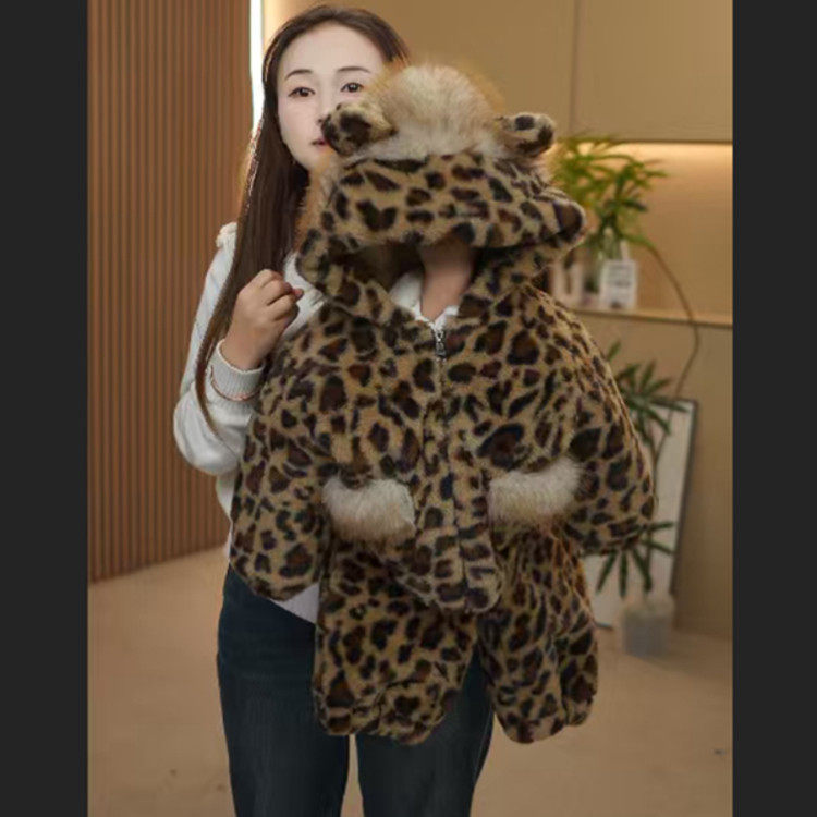 儿童豹纹毛毛衣套装冬装新款男女童加绒加厚外套宝宝卡通家居服