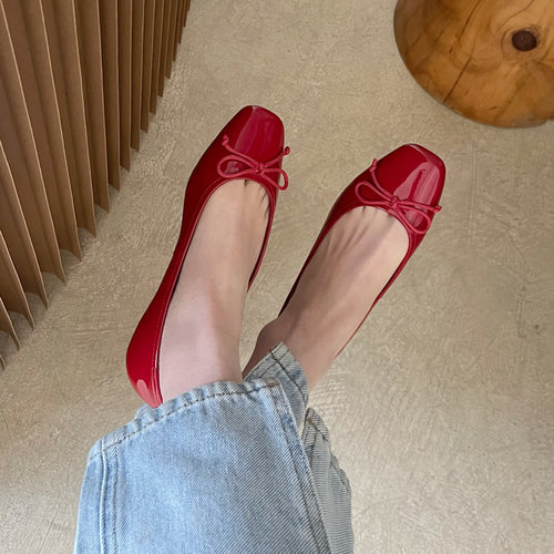 青衣自制牛皮平底女单鞋蝴蝶结