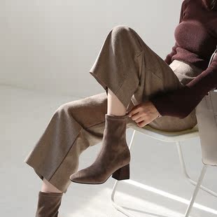 青衣自制方头弹力靴女中筒棕色2023秋冬新款袜靴中高跟粗跟瘦瘦靴