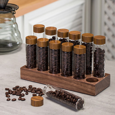 咖啡豆罐 展示架高硼硅玻璃收纳盒保存工具密封分装试管胡桃实木